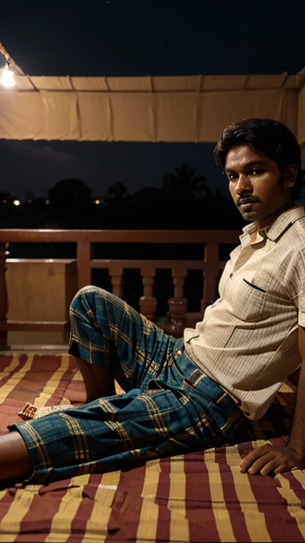 Tamil Nadu man wearing lungi and shirt lying on mat with mosquito coil in balcony at night 