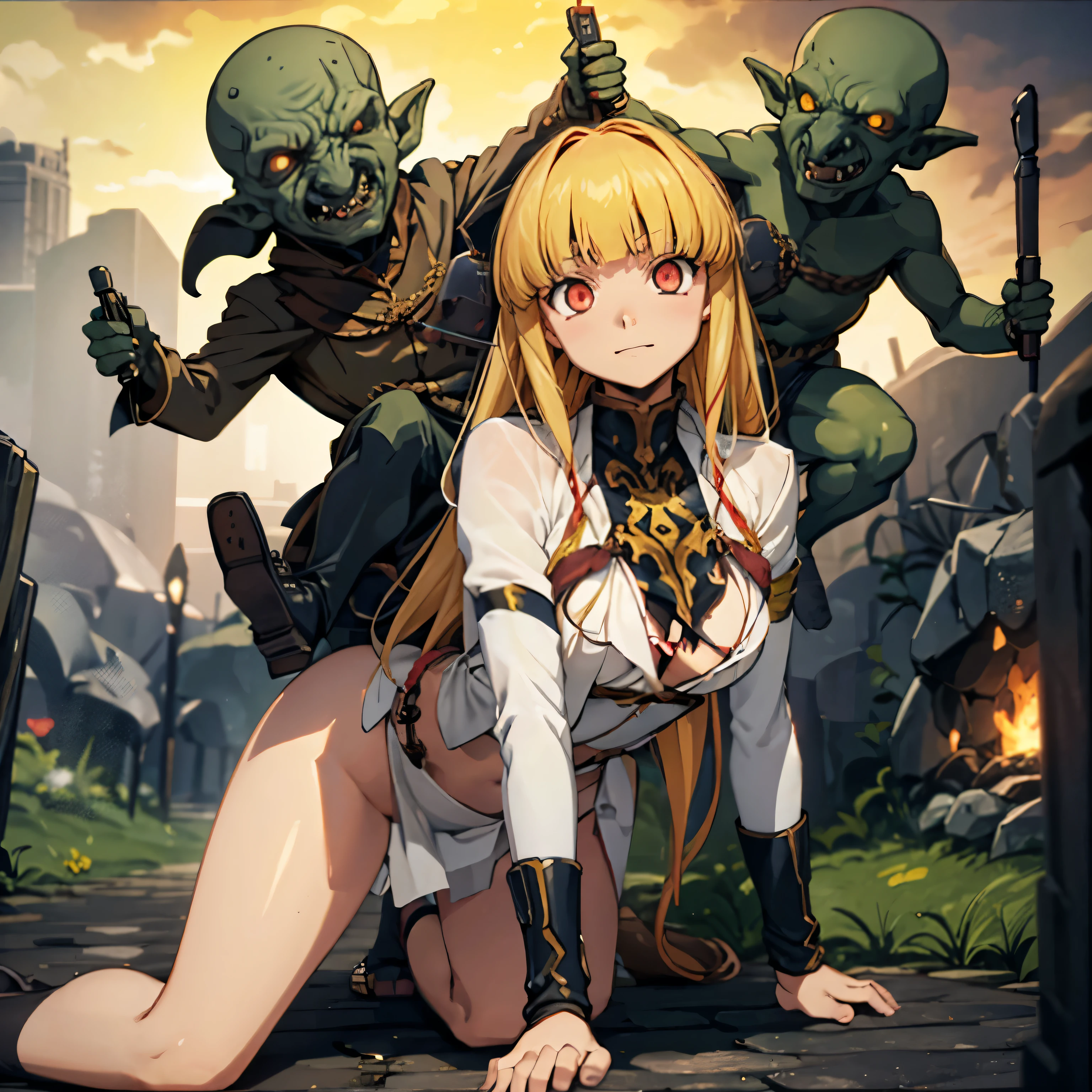 masterpiece, goblinriding, a goblin is riding a girl, goblin, mutiple goblins, goblins, (all fours), 1girl, (military uniform:1.1), (nose hook), reins, collar, chain, rope, obey, happy trance, smile, hair ornaments, medium breast, expressionless, emotionless, blank eyes, empty eyes, mind control, Monica Krushevski, BLONDE hair, blue eyes, long hair, apocalyptic background, monster, horror, glowing eyes