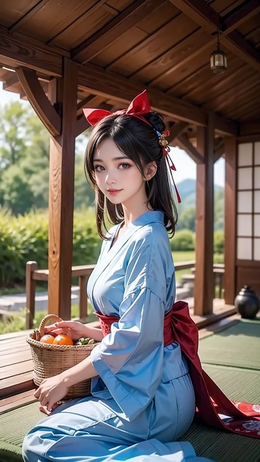 ((最high quality, 8K, masterpiece: 1.3, Ultra HD, high quality, 最high quality, High resolution, realism)) 、A stunningly beautiful 22-year-old Japanese woman、hair color is black、Iriedium Hair、Straight Hair、smile、Slender but well-proportioned, slim and muscular body、Athlete-like body type、I want my head to stay off screen、Wearing accessories on the wrist、Wearing red nail polish、I have a peticure、Sitting on the veranda of a Japanese house in the Japanese countryside、It's summer、A wind chime is hung in front of the eaves.、barefoot、There is a basket full of tomatoes and carrots on the veranda.、The basket is made of woven bamboo strips、A courtyard spreads out in front of the verandah.、There is a well with a hand pump in the courtyard.、wear a yukata、smile((smile))、hair band((hair ribbon))