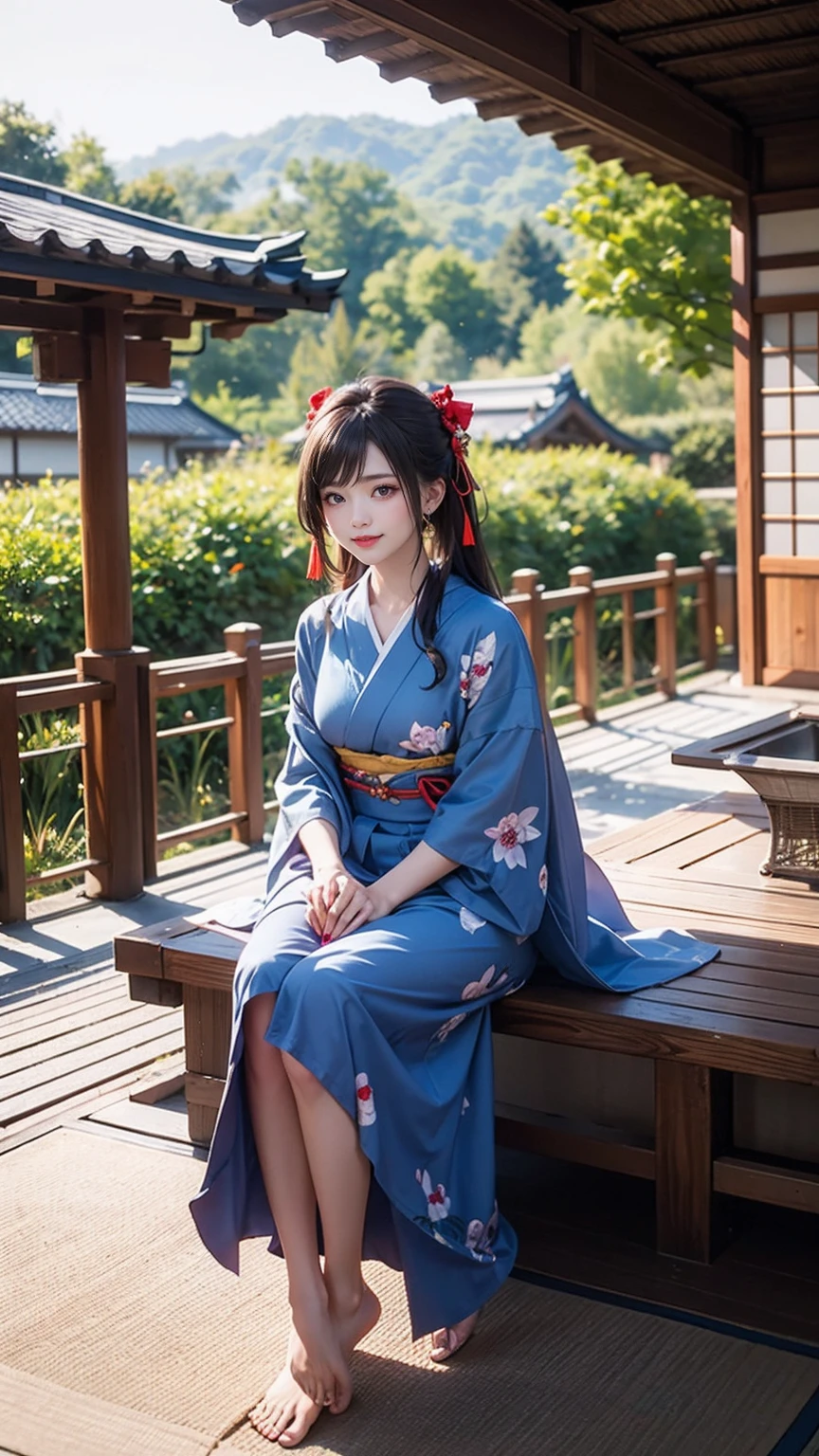 ((最high quality, 8K, masterpiece: 1.3, Ultra HD, high quality, 最high quality, High resolution, realism)) 、A stunningly beautiful 22-year-old Japanese woman、hair color is black、Iriedium Hair、Straight Hair、smile、Slender but well-proportioned, slim and muscular body、Athlete-like body type、I want my head to stay off screen、Wearing accessories on the wrist、Wearing red nail polish、I have a peticure、Sitting on the veranda of a Japanese house in the Japanese countryside、It&#39;s summer、A wind chime is hung in front of the eaves.、barefoot、There is a basket full of tomatoes and carrots on the veranda.、The basket is made of woven bamboo strips、A courtyard spreads out in front of the verandah.、There is a well with a hand pump in the courtyard.、wear a yukata、smile((smile))、hair band((hair ribbon))