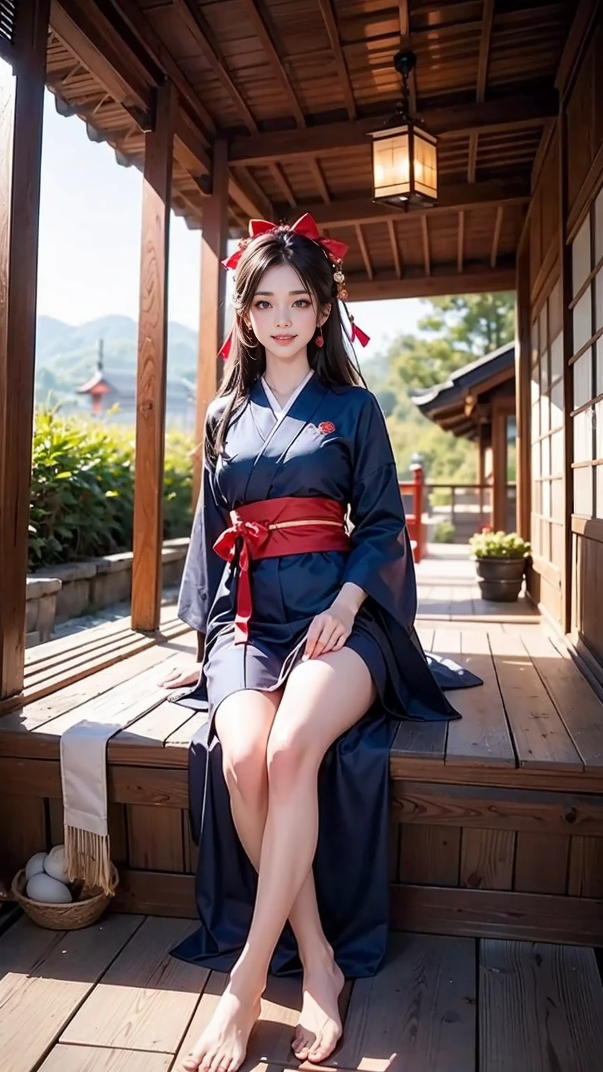 ((最high quality, 8K, masterpiece: 1.3, Ultra HD, high quality, 最high quality, High resolution, realism)) 、A stunningly beautiful 22-year-old Japanese woman、hair color is black、black eye、medium hair、straight hair、smile、Slender but well-proportioned muscular body、Athlete-like body type、I don't want my head to disappear from the screen.、Wearing accessories on your wrist、Wearing red nail polish、I have a peticure、Sitting on the veranda of a Japanese house in the Japanese countryside、It's summer、A wind chime is hung in front of the eaves.、barefoot、Fanning oneself、A courtyard spreads out in front of the verandah.、wear a yukata