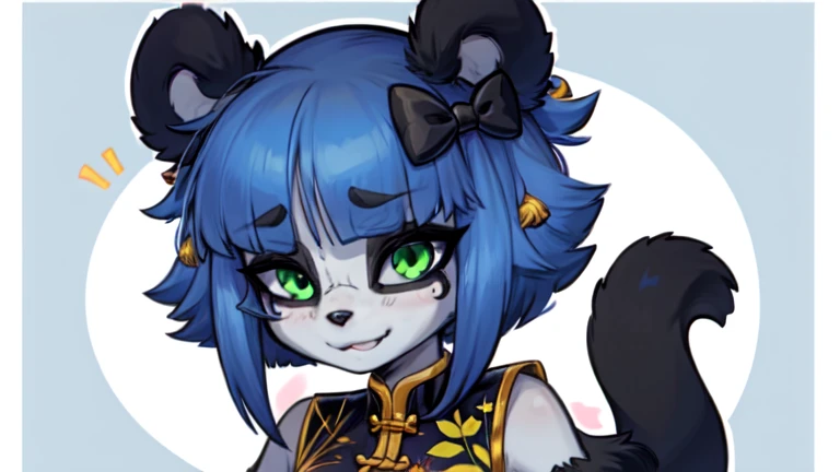 furry, (black and white fur), 1girl, animal nose, gold hearts, eye makeup, Nuwa Nightstone, green eyes, blue hair, (panda girl), panda ears, panda tail, shy, red chinese clothes, chinese clothes, sleeveless, 