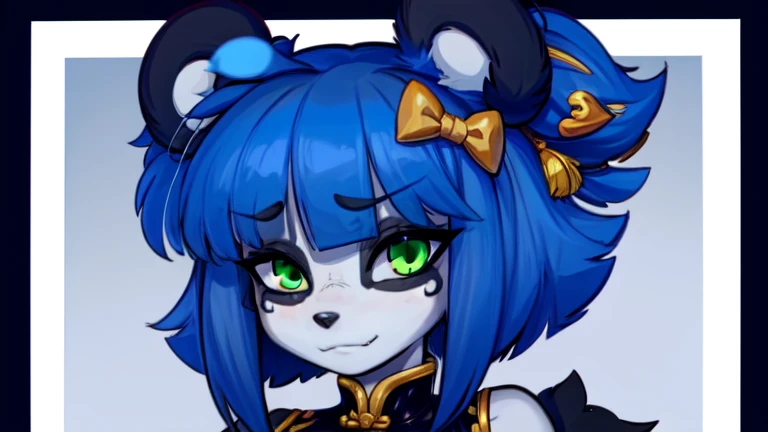 furry, (black and white fur), 1girl, animal nose, gold hearts, eye makeup, Nuwa Nightstone, green eyes, blue hair, (panda girl), panda ears, panda tail, shy, red chinese clothes, chinese clothes, sleeveless, 