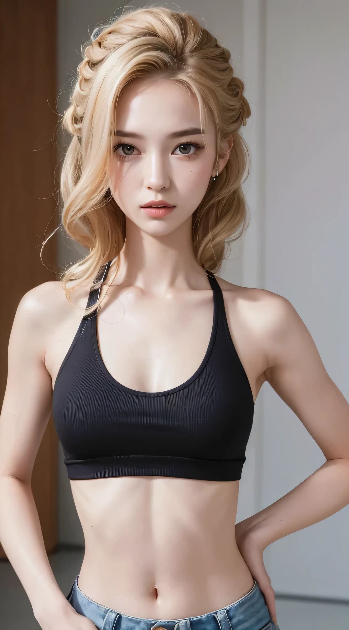 ((highest quality, 8K, masterpiece :1.3)), 1 Girl, A cute woman who emphasizes her slender abdominal muscles :1.3, (Random hairstyle :1.2), Oversized tank top :1.2, Ultra detailed face, Fine grain, double eyelid, Underarm,European,Blonde,
