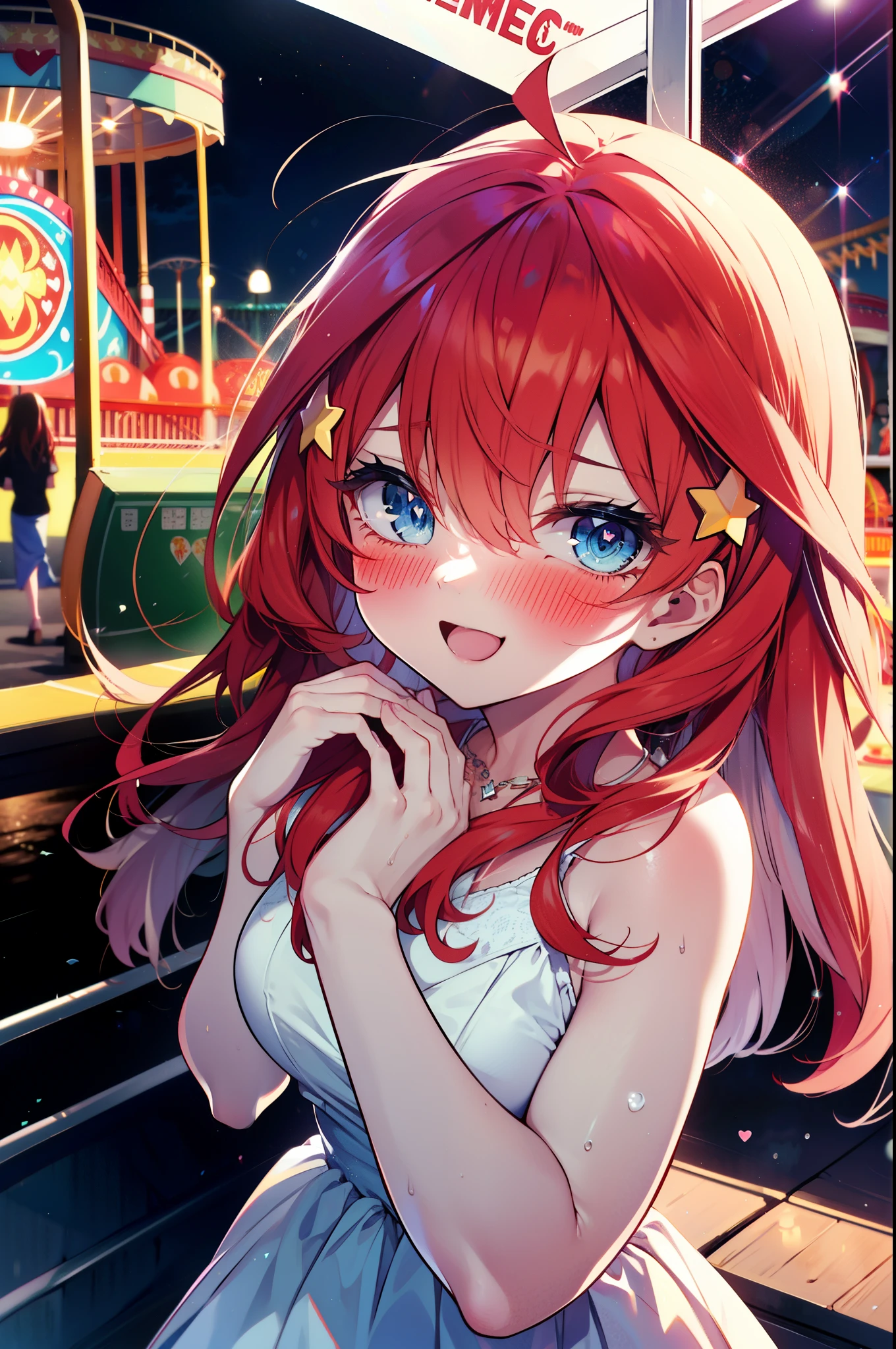 itsukinakano, Itsuki Nakano, bangs, blue eyes, Hair between the eyes, Ahoge, Redhead, star \(symbol\), hair ornaments, star hair ornaments,smile,blush,happy atmosphere,
(Great Laugh:1.1), (Open your mouth:1.1), Sun glare, Bokeh, Written boundary depth, blurred background, Particles of light, Strong winds, (Heart Particles:1.1),White long skirt integrated dress,Exposing shoulders,bare clavicle,Bare neck,Bare arms,Cute Sandals,slouch,Look up,night,moonlight,star,romantic,Heart Necklace,amusement park, roller coaster, carousel, Bumper Car, Ferris wheel, water park,　　　　　　　　 break looking at viewer, Upper Body, whole body,(Cowboy Shot:1. 3) 　　　　　　　　　　　　　　　break outdoors, amusement park　　　　　　　　　　　　break (masterpiece:1.2), highest quality, High resolution, unity 8k wallpaper, (shape:0.8), (Fine and beautiful eyes:1.6), Highly detailed face, Perfect lighting, Highly detailed CG, (Perfect hands, Perfect Anatomy),