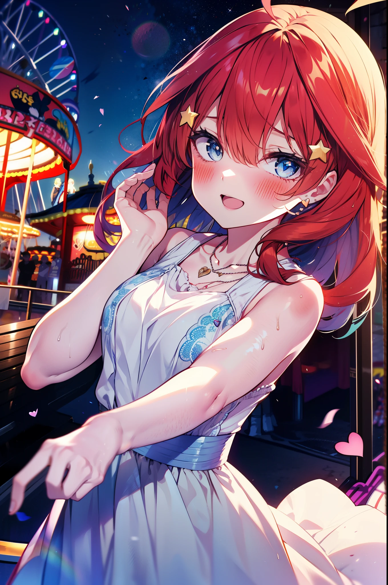 itsukinakano, Itsuki Nakano, bangs, blue eyes, Hair between the eyes, Ahoge, Redhead, star \(symbol\), hair ornaments, star hair ornaments,smile,blush,happy atmosphere,
(Great Laugh:1.1), (Open your mouth:1.1), Sun glare, Bokeh, Written boundary depth, blurred background, Particles of light, Strong winds, (Heart Particles:1.1),White long skirt integrated dress,Exposing shoulders,bare clavicle,Bare neck,Bare arms,Cute Sandals,slouch,Look up,night,moonlight,star,romantic,Heart Necklace,amusement park, roller coaster, carousel, Bumper Car, Ferris wheel, water park,　　　　　　　　 break looking at viewer, Upper Body, whole body,(Cowboy Shot:1. 3) 　　　　　　　　　　　　　　　break outdoors, amusement park　　　　　　　　　　　　break (masterpiece:1.2), highest quality, High resolution, unity 8k wallpaper, (shape:0.8), (Fine and beautiful eyes:1.6), Highly detailed face, Perfect lighting, Highly detailed CG, (Perfect hands, Perfect Anatomy),