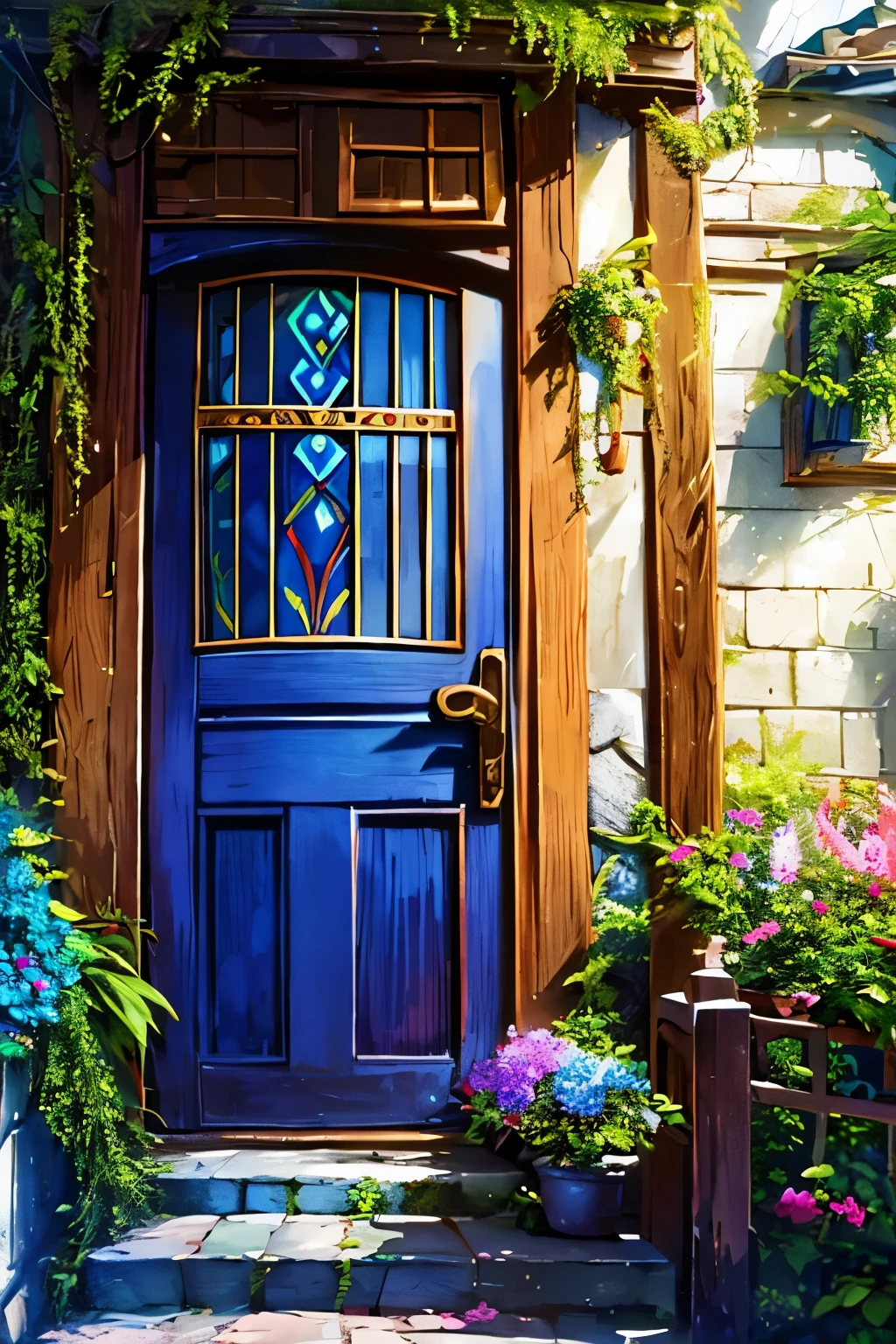 an old wooden door slightly overgrown by plants with beautiful blue art painted on it with intricate designs people gather around to marvel at the door
