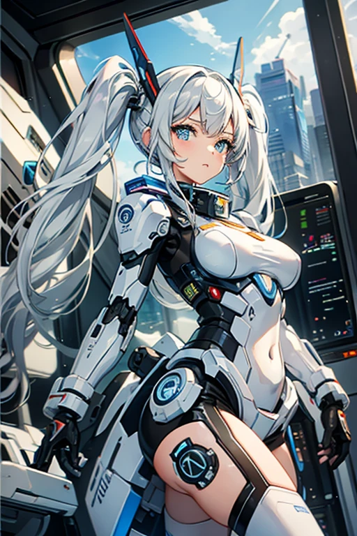 High resolution, High resolution, High resolution, 8k. Perfect Face.Perfect legs perfect hands, Perfect legs,A-Mecha Musume.1 girl.alone,white paper,Twin tails,length, Carry a gun;outside the spaceship, Background Space,