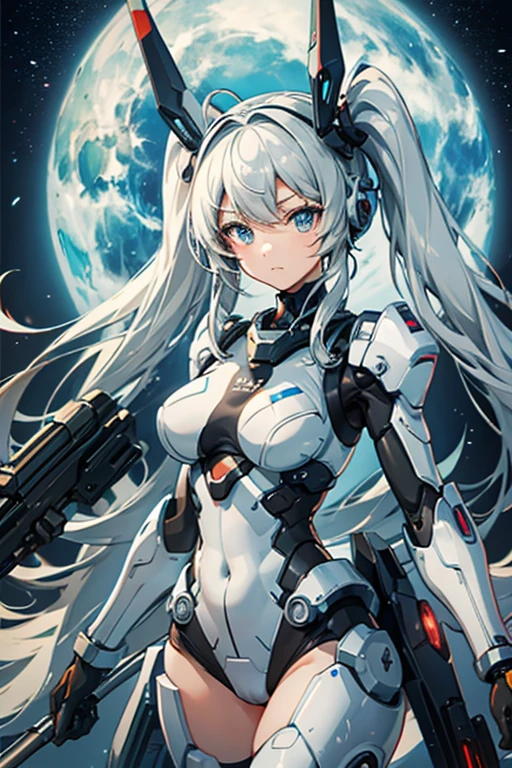 High resolution, High resolution, High resolution, 8k. Perfect Face.Perfect legs perfect hands, Perfect legs,A-Mecha Musume.1 girl.alone,white paper,Twin tails,length, Carry a gun;outside the spaceship, Background Space,
