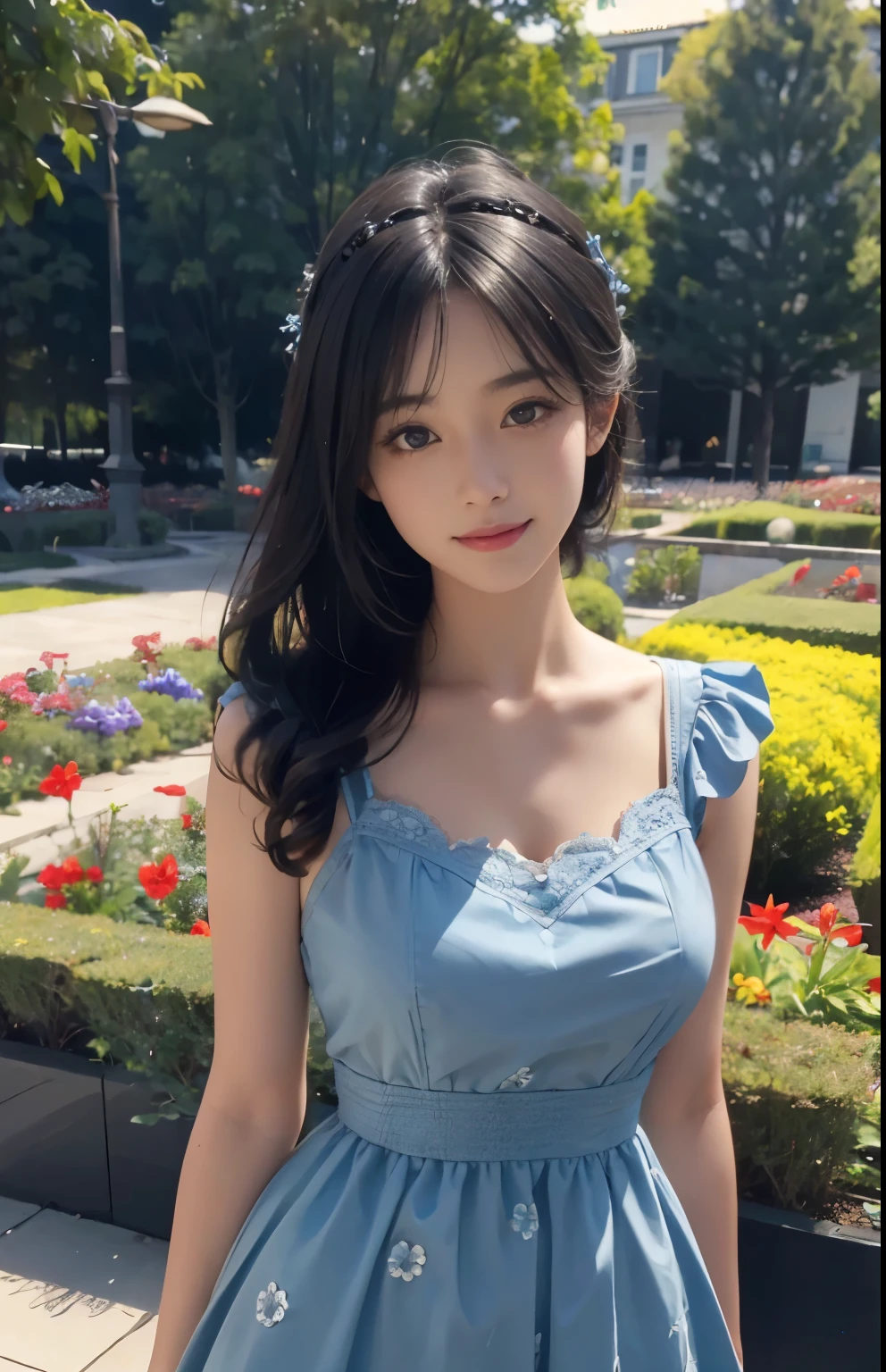 (Ultra-realistic) , (figure), (Increase the resolution), (8k), (Very detailed), (best figure), (Beautiful fine details), (highest quality), (Very detailedな), (masterpiece), (wallpaper), (Detailed face), alone,1 girl, Looking at the audience, Black straight hair, Subtle details, In the Dark, Deep Shadow, Modest, Pure Erotic Face Ace_v1, Smile, Blue Summer Dress, whole body, garden
