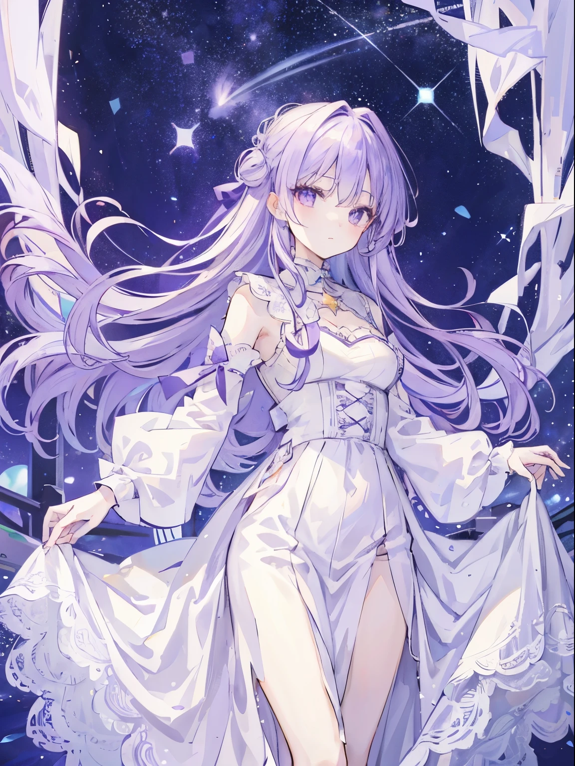 masterpiece,highest quality,One girl,Light purple hair,Purple eyes,White long skirt,Starry Sky,Starlight