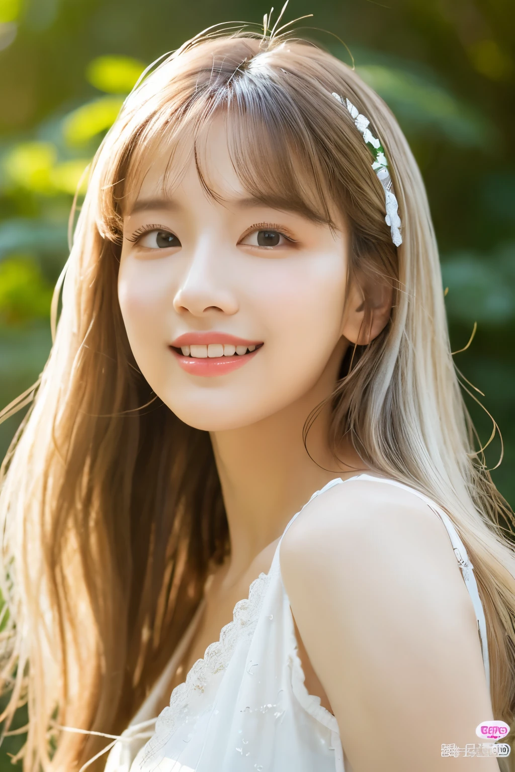 (highest quality,4K,8k,High resolution,masterpiece:1.2),Very detailed,(Realistic,photoRealistic,photo-Realistic:1.37),long white hair,flowing hair,Gorgeous white hair,cascading hair,Beautiful fine details,beautiful lip detail,Fair skin,Delicate facial features,(anime,character illustration) style,Vibrant colors,Soft lighting,gentle pose,smile,stand in the garden,flowers and trees,butterflies dance around her,A gentle breeze ruffled her hair,Peaceful atmosphere