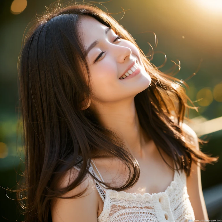 She wears a camisole。Lace on the chest and hem.。She looks ecstatic as if she had an orgasm during sex..。Her dark brown hair、、Her hair is long。High resolution、masterpiece、highest quality、頭w:1.0、((Hasselblad Photos))、Fine skin、Fine knitting、(Cinema Lighting)、clavicle . She has her eyes closed but is smiling.Japanese、Complete reality、17-year-old girl、whole body