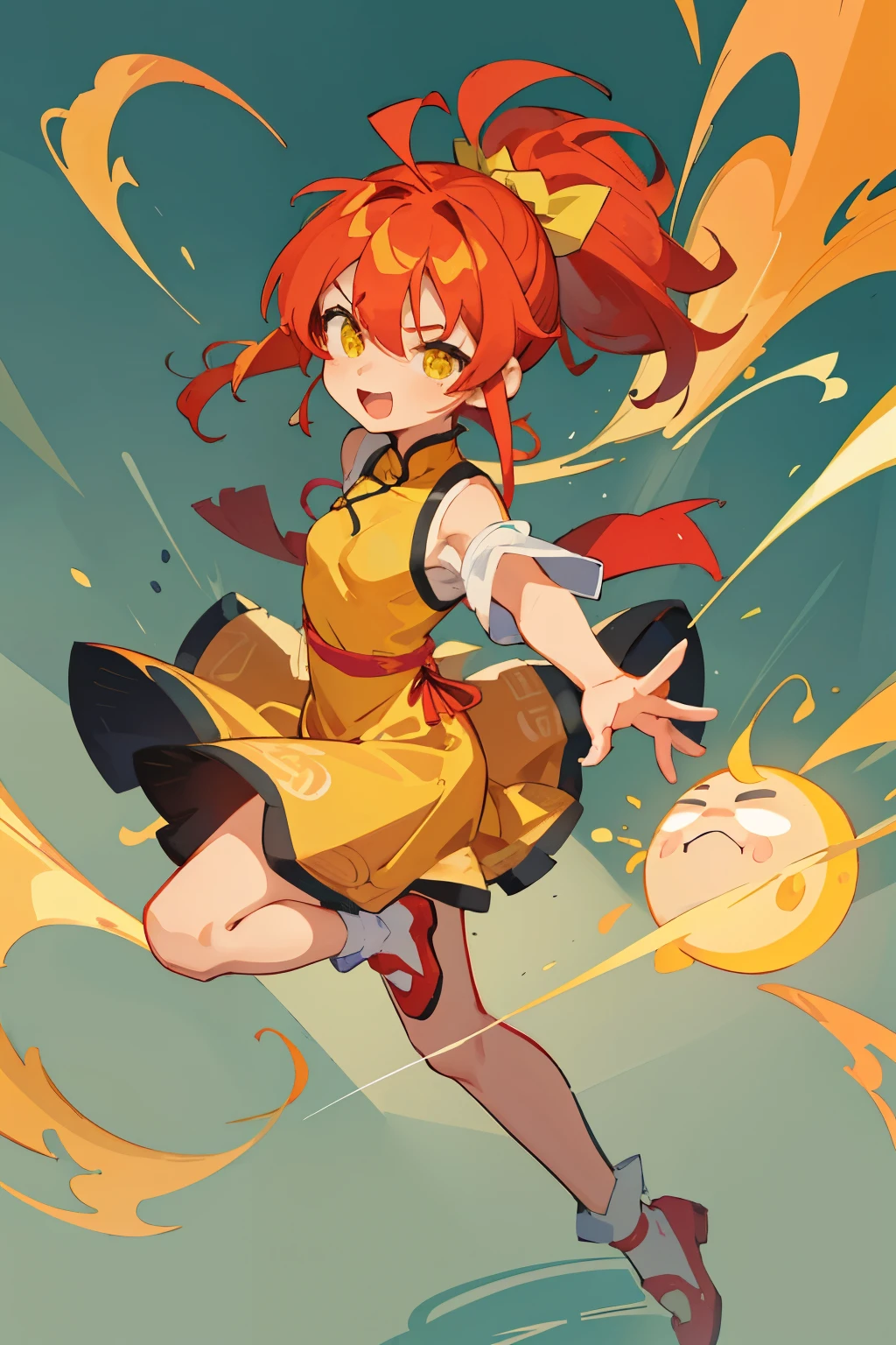 masterpiece, highest quality,  Poor breasts、crimson hair、ponytail、Glowing yellow eyes、Bangs between the eyes、Ahoge, China dress,slender legs、8-year-old、Ecstatic expression、explosion、I love hold、Spurting body fluids、I feel good！、Don&#39;t look、Entangled Tentacles