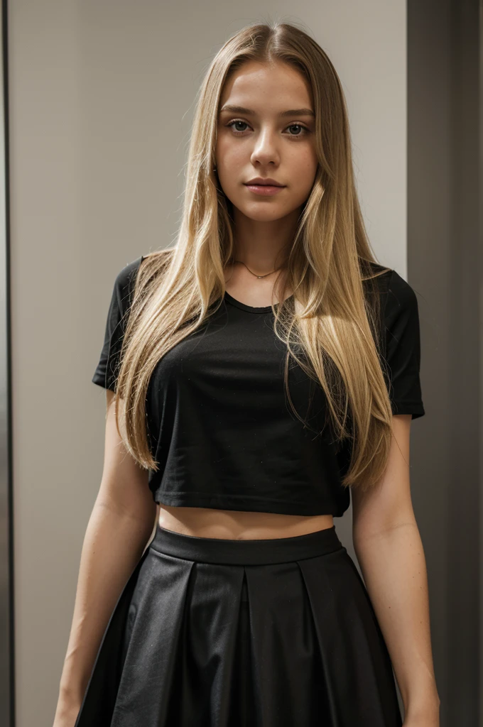 Girl, 18, Long straight blonde Hair, German, Skirt, Black Top