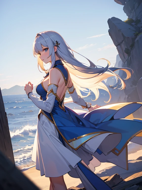 woman slender Fantasy Princess Light clothing dress Gradient Hair Half naked Backwards Landscape