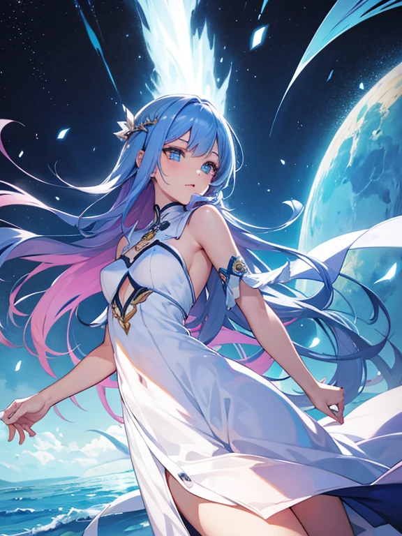 woman slender Fantasy Princess Light clothing dress Gradient Hair Half naked Backwards Landscape