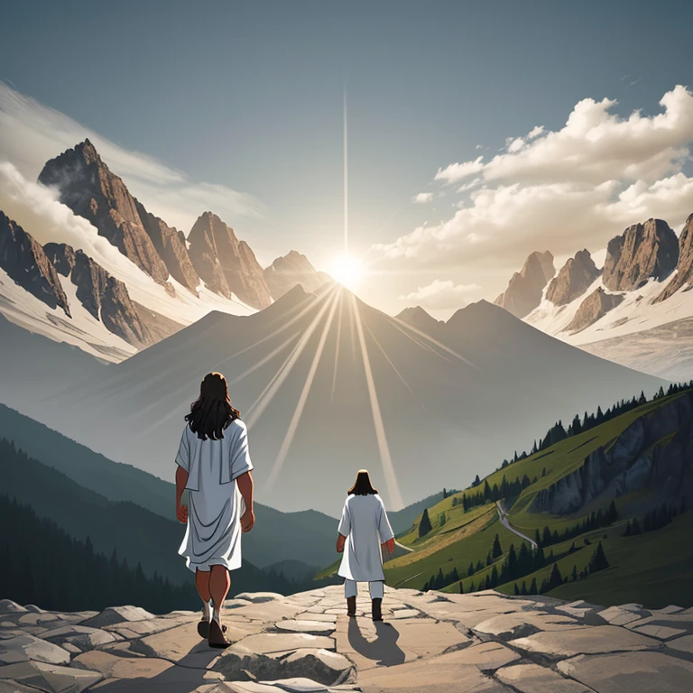 jesus walking to a mountain in front of him, we are looking at him from behind
