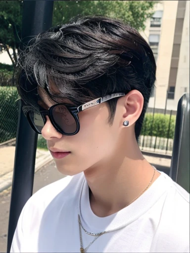 a handsome young 19 year old boy with black doe eyes and perfect white skin, glasses and an earring on his left ear, a birthmark scar on his neck and black fluffy hair, he's posing for a picture, wearing an oversized black tshirt and an some basketball shorts, white nike shoes and pink rosy lips