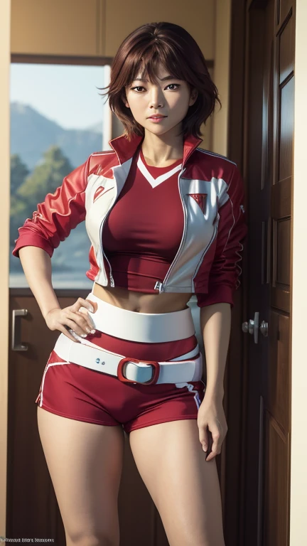 fujieda yoshino, brown hair, red uniform, red jacket, white belt, red shorts,nude breast, perfect breast, perfect hips, beautiful face, looking to the viewer, full body, motherly body, nude breast, best quality, highres, masterpiece:1.2), athletic wear, sexy, tight-fitting clothes, big breasts, intense gaze, confident pose, vibrant colors, soft lighting, detailed facial features 