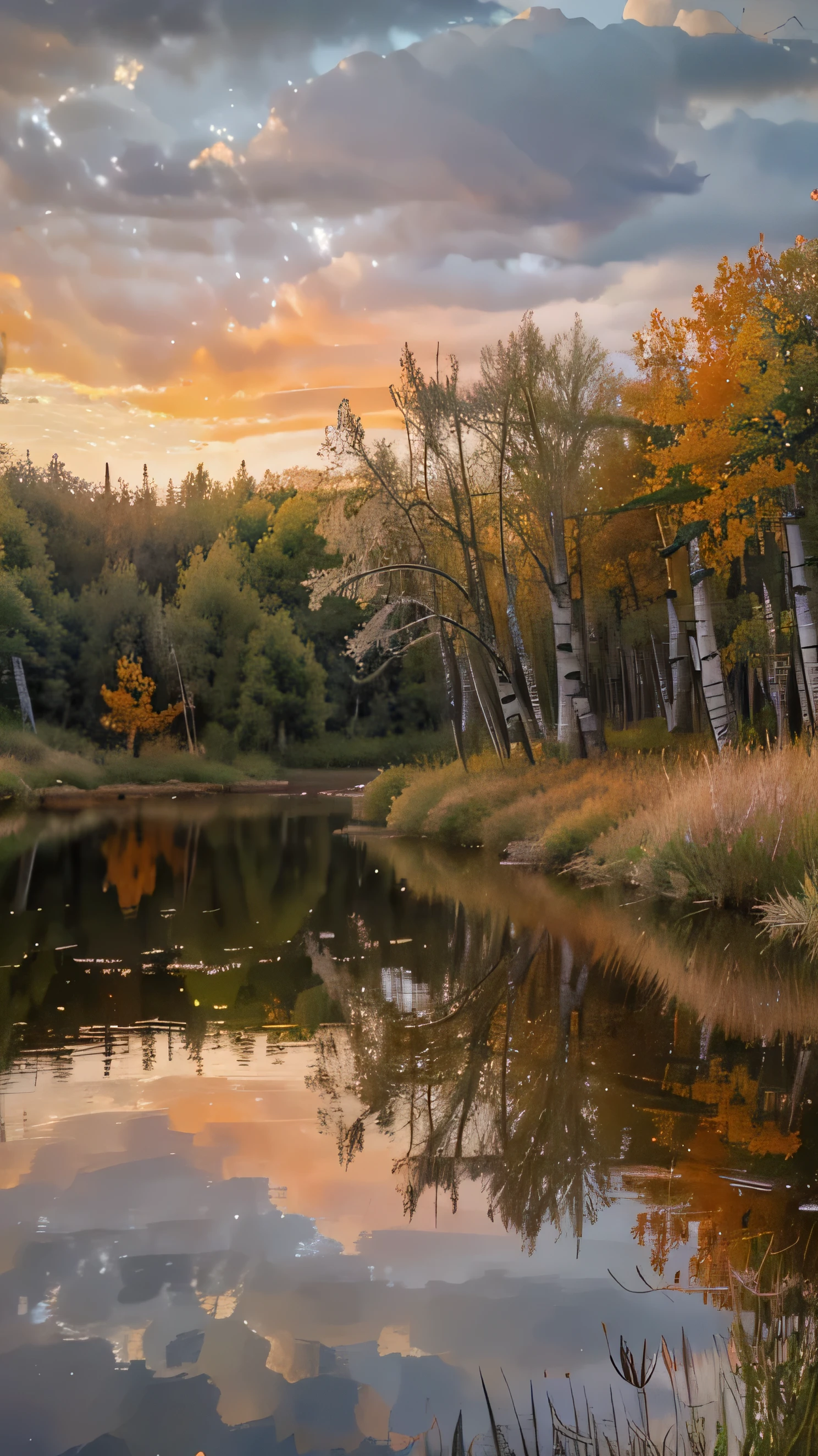 impressionist, cloudy dark grey sky, silver birch trees, small pond lily plants on, grass moving in wind, spring, silver birches and fallen oak tree, Small fox sitting by tree,sunset,red and orange sky.soft brush strokes, atmospheric, high quality, impressionist.