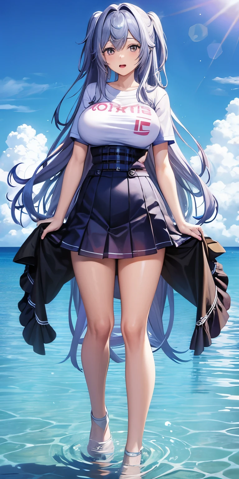 masterpiece, ultra high quality CG, best quality, perfect picture, 1girl, solo, Laura S. Arseid (long dark blue hair, ponytail and side Bang, small boobs), lifting her skirt and showing off her panties, embarrassed red sleeveless jacket, green skirt, thigh-high boots, in a classroom, heat, summer, trees