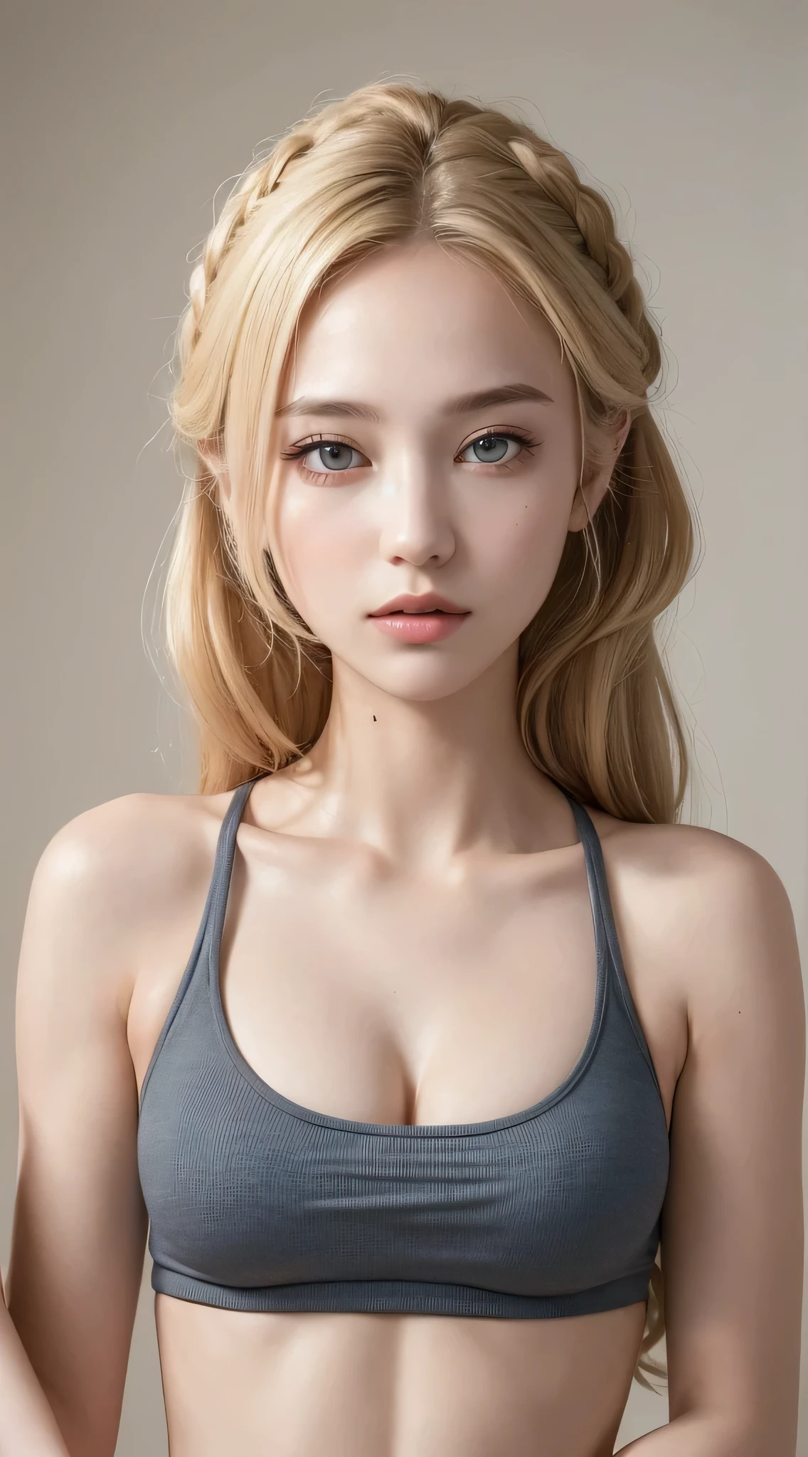 ((highest quality, 8K, masterpiece :1.3)), 1 Girl, A cute woman who emphasizes her slender abdominal muscles :1.3, (Random hairstyle :1.2), Oversized tank top :1.2, Ultra detailed face, Fine grain, double eyelid, Underarm,European,Blonde,