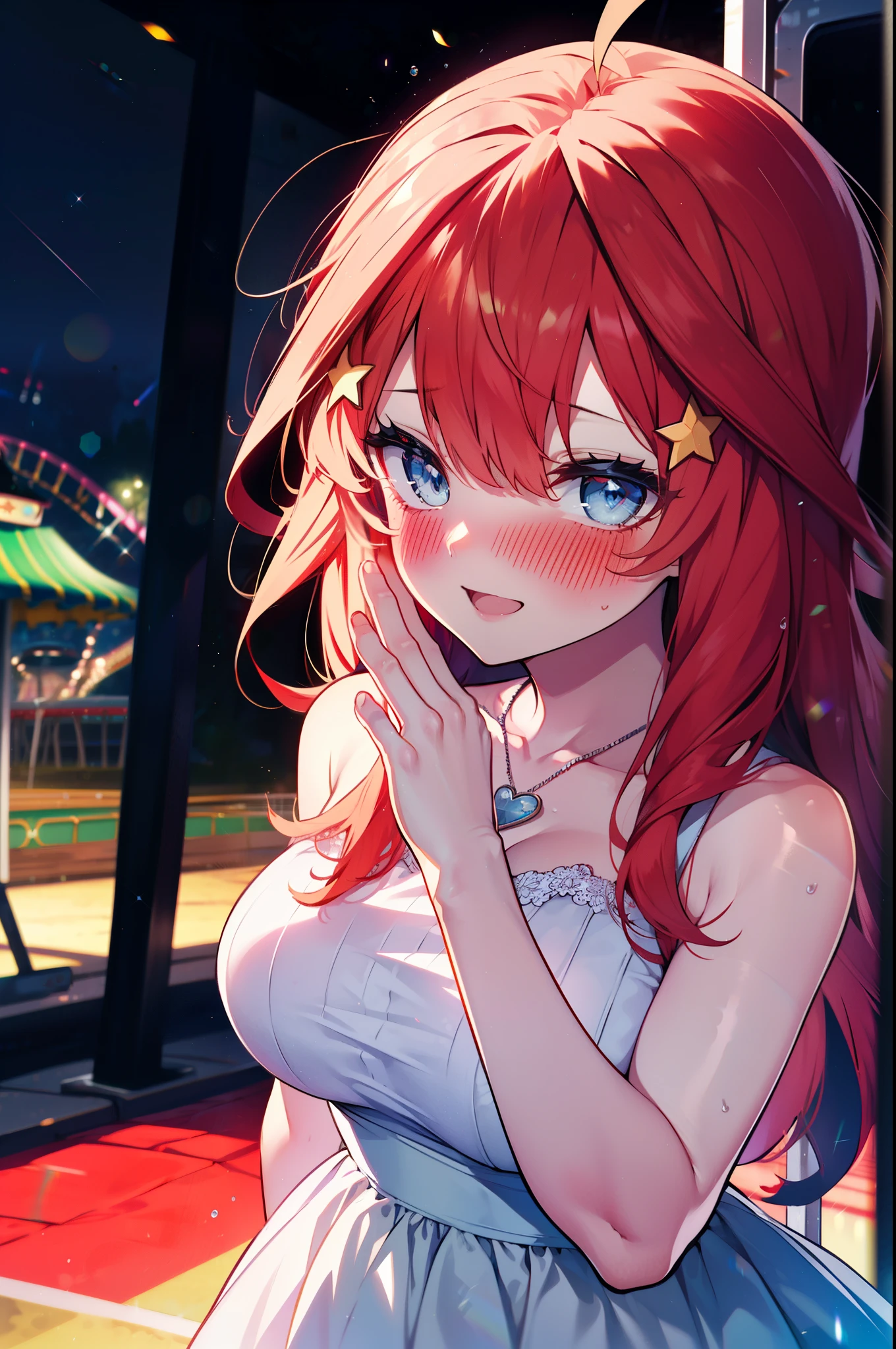 itsukinakano, Itsuki Nakano, bangs, blue eyes, Hair between the eyes, Ahoge, Redhead, star \(symbol\), hair ornaments, star hair ornaments,smile,blush,happy atmosphere,
(Great Laugh:1.1), (Open your mouth:1.1), Sun glare, Bokeh, Written boundary depth, blurred background, Particles of light, Strong winds, (Heart Particles:1.1),White long skirt integrated dress,Exposing shoulders,bare clavicle,Bare neck,Bare arms,Cute Sandals,slouch,Look up,night,moonlight,star,romantic,Heart Necklace,amusement park, roller coaster, carousel, Bumper Car, Ferris wheel, water park, break looking at viewer, Upper Body, whole body,(Cowboy Shot:1. 3) break outdoors, amusement park break (masterpiece:1.2), highest quality, High resolution, unity 8k wallpaper, (shape:0.8), (Fine and beautiful eyes:1.6), Highly detailed face, Perfect lighting, Highly detailed CG, (Perfect hands, Perfect Anatomy),