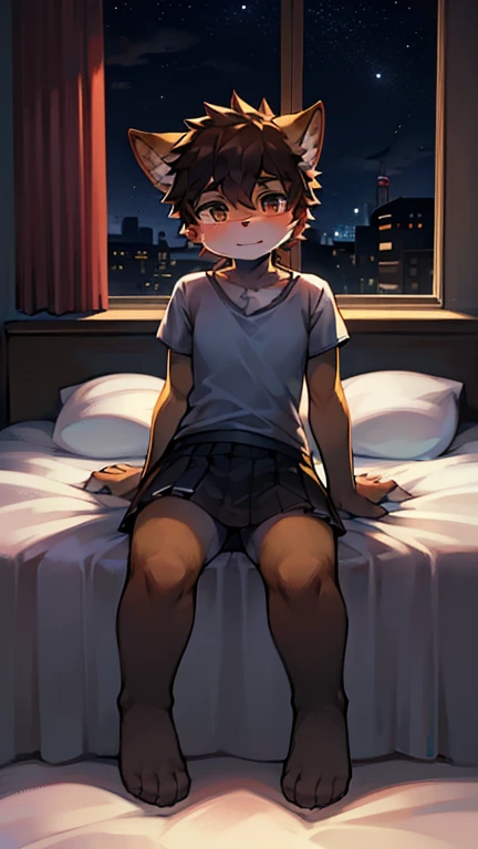A 12-year-old furry boy，cute，on the bed，Sitting,Wearing a T-shirt and a short skirt，night,False small breast，😍