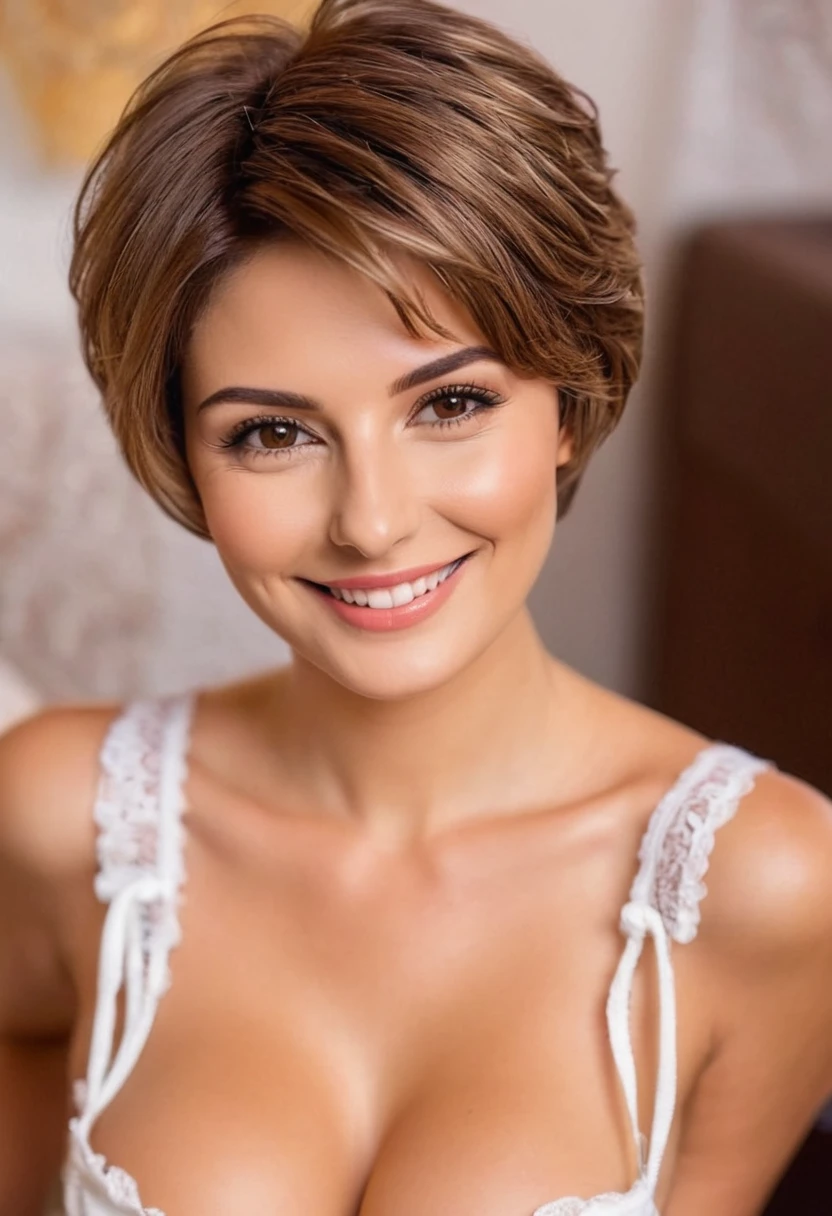 A beautiful Italian woman with a light brown, very short hairstyle, a cute smile, and a small face with well-defined features wearing a sexy doll that accentuates her G-cup bust.