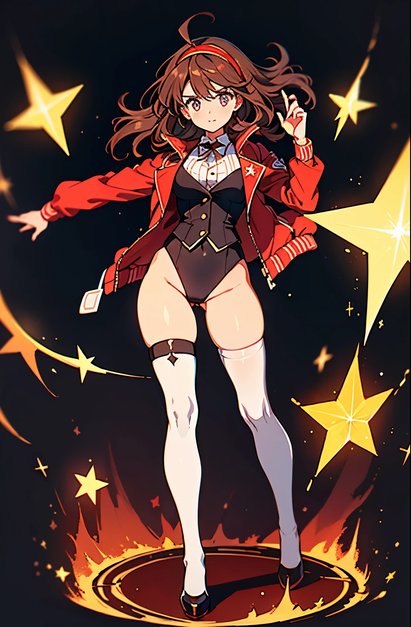 Woman with brown eyes, age 21 (medium hair, dark brown hair, wavy hair, red hairband), ahoge, ((white blouse with black stars, vest, jacket, opened jacket, red jacket with stars)), ((black leotard, bare legs)), ((black thigh highs, high-heel shoes)), purple stellar energy around, cosmic power, cosmic shining power. purple eyes, beautiful detailed eyes, beautiful detailed face, cute face, perfect hands, complete fingers, perfect anatomy, perfect proportions. (casting a spell). full body costume design, full body, cowboy shot.