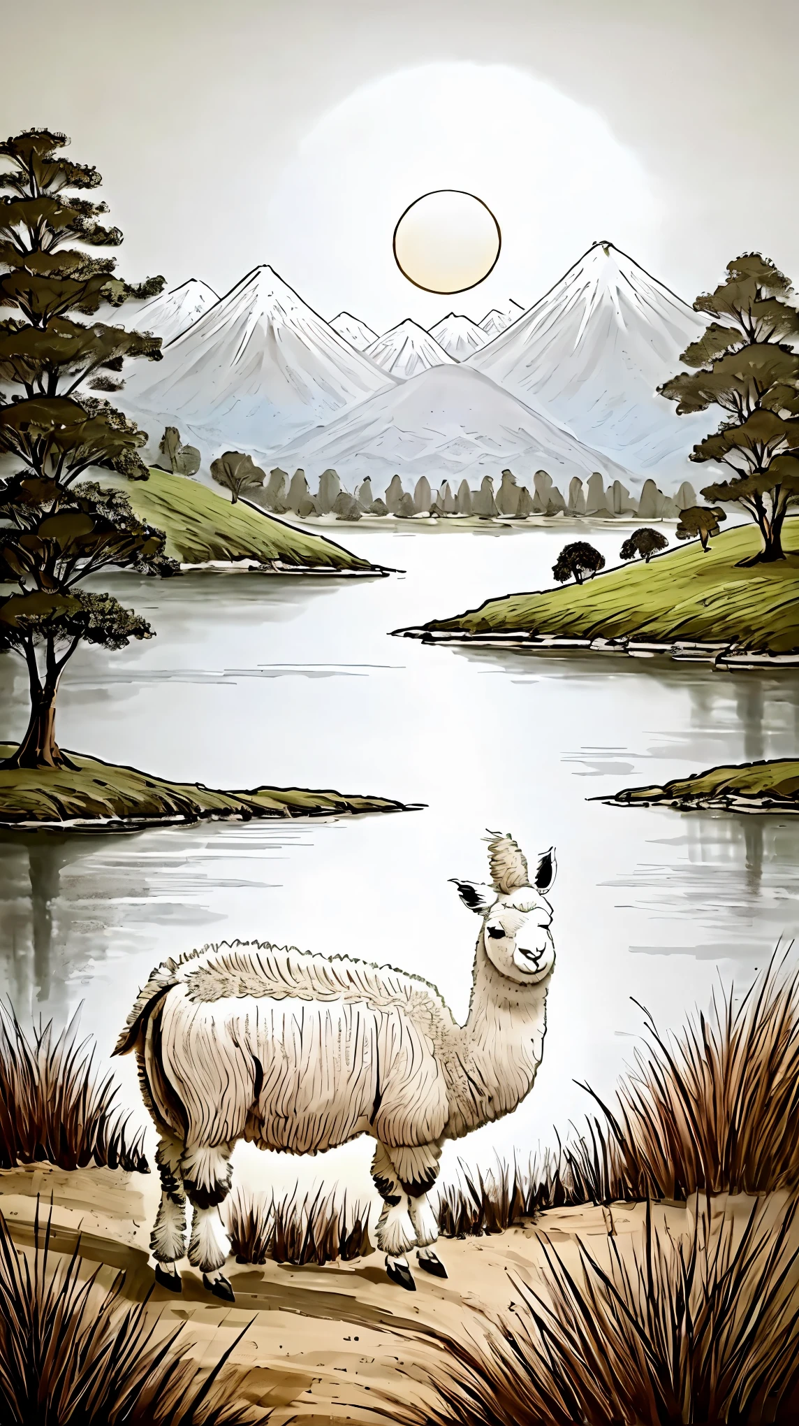 ((alpaca:1.2))、soft and fluffy fur、こちらを見つめるalpaca、Close-up shot:1.4、Ink Painting、(peaceful landscape、Peaceful scene、Illuminated by the sun、Bright and colorful、Beautiful, peaceful and tranquil setting、comfortable、Countryside view、Peaceful nature:1.2