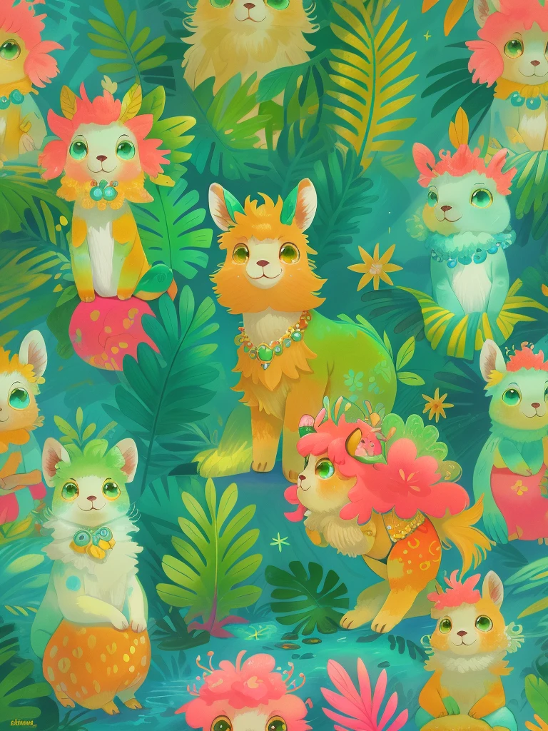 Imaginative illustrations，Tropical theme colors，毛茸茸的Alpaca，personification，Alpaca，Bright colors，Gorgeous，Dazzling accessories，Expressive faces，Standing，Luxurious fur，Shine brightly，warm sunshine，neon green，Intense teal with bright coral accents，The energy of a tropical paradise，Tiny glitter particles are scattered throughout their fur.，Suggesting the glitter of sunlight reflecting off the waves，Their paws gently hold a fresh coconut，Further strengthening the tropical theme