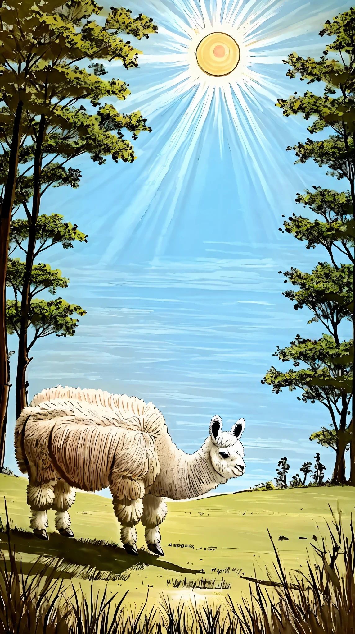 ((alpaca:1.2))、soft and fluffy fur、こちらを見つめるalpaca、Close-up shot:1.4、Ink Painting、(peaceful landscape、Peaceful scene、Illuminated by the sun、Bright and colorful、Beautiful, peaceful and tranquil setting、comfortable、Countryside view、Peaceful nature:1.2