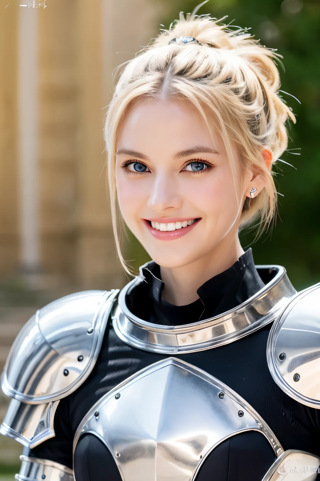 8K、highest quality、female knight、Luxurious Silver Armor、、hairstyle short cut、smile、Beautiful Teeth、Full body photo、ear piercing、blonde、White woman、blue eyes、Heavy makeup、The background is inside the castle