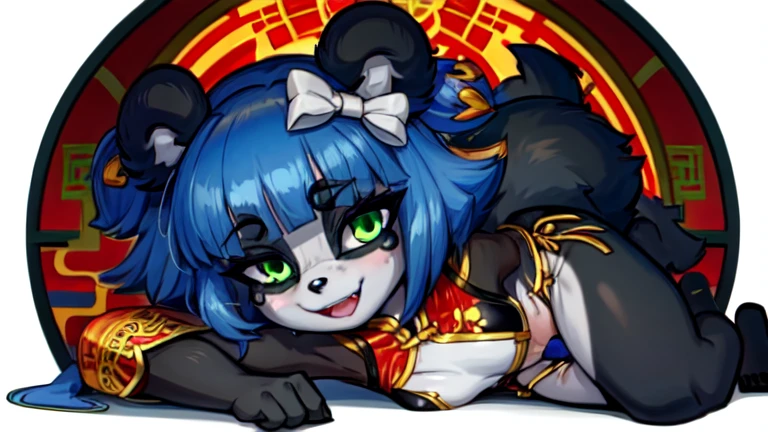 furry, (black and white fur), 1girl, animal nose, gold hearts, eye makeup, Nuwa Nightstone, green eyes, blue hair, (panda girl), panda ears, panda tail, shy, red chinese clothes, chinese clothes, sleeveless, lying on side, :D, fangs