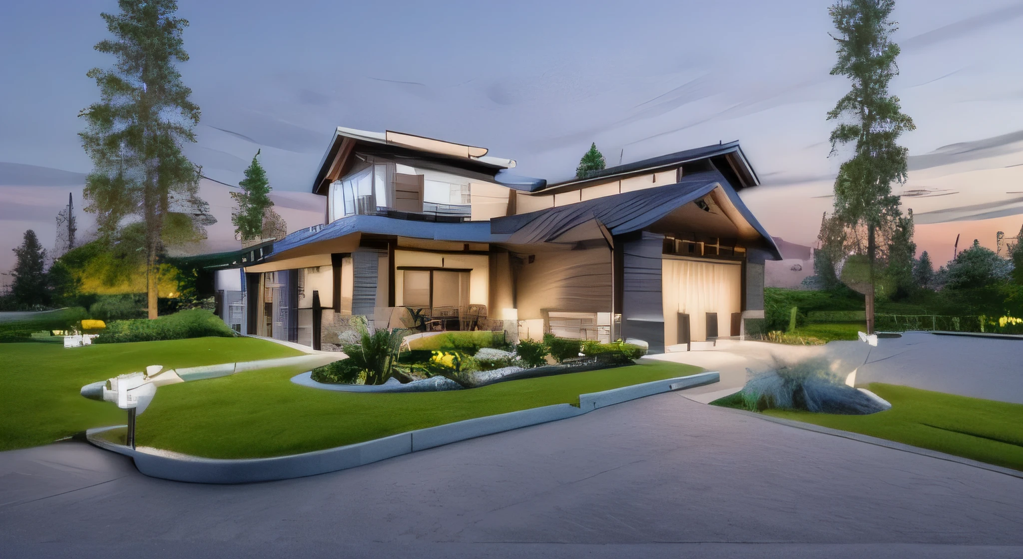 masterpiece, ((super detailed :1.3))), A modern house with lots of windows in the front and lots of trees on the side of the building