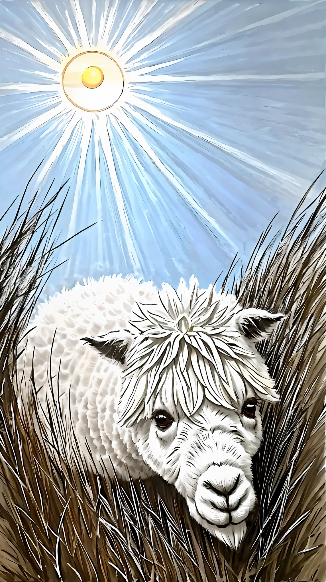 ((alpaca:1.2))、soft and fluffy fur、こちらを見つめるalpaca、Close-up shot:1.4、Ink Painting、(peaceful landscape、Peaceful scene、Illuminated by the sun、Bright and colorful、Beautiful, peaceful and tranquil setting、comfortable、Countryside view、Peaceful nature:1.2