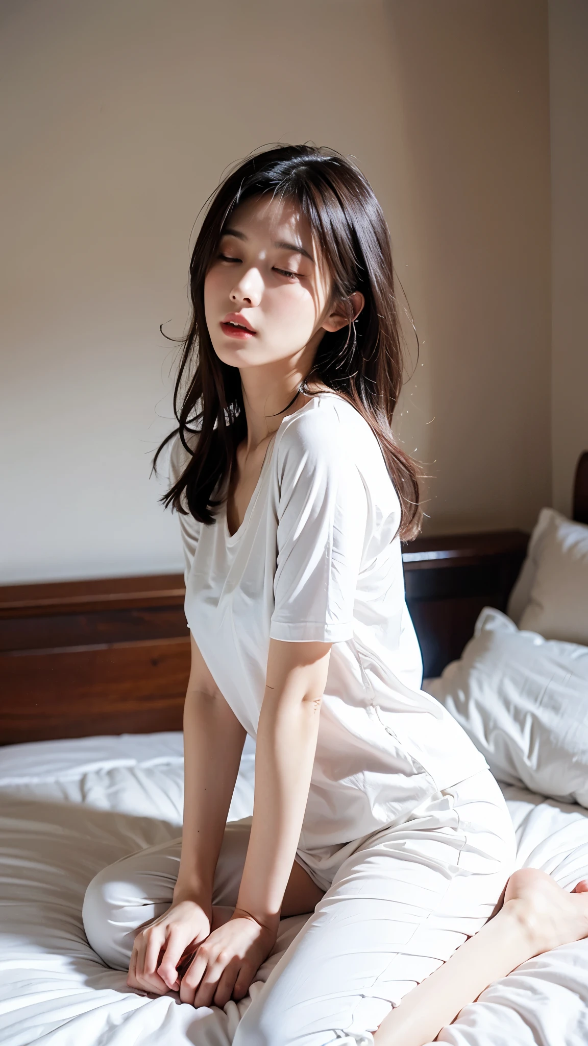 Surrealism, High Detail, Movie Lighting, Ray Tracing, First Perspective, Eye level shot, Ultra HD, masterpiece, White skin, 4K, best quality,one person,Open your mouth.,With eyes closed,Wearing sexy pajamas,on the bed,moan