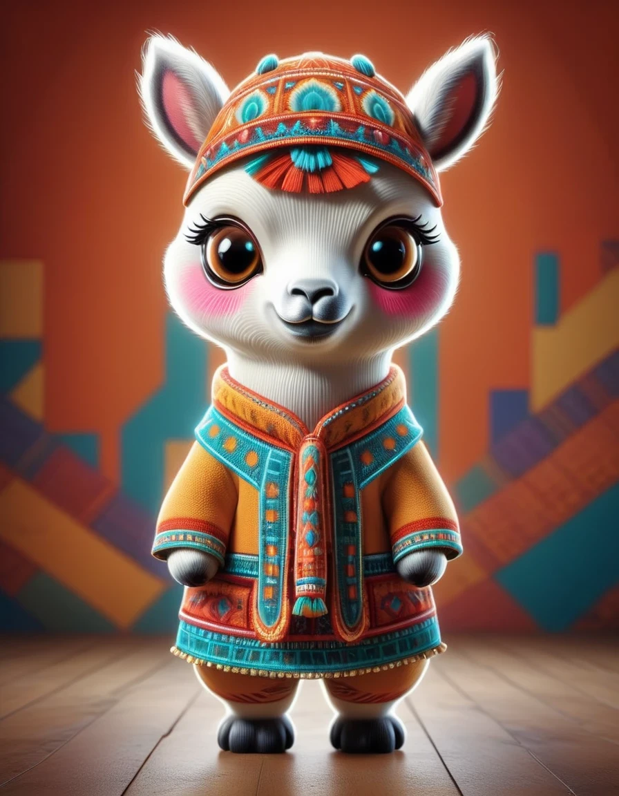 in style of Patchwork , portrait,(A cute alpaca is used as a pack animal by the Indians), Alpaca is anthropomorphized with makeup,whole body,Dynamic poses,Cool,Cute big eyes,Alpaca in Indian costume,Cartoon,in style of Terracotta artwork , portrait,background:South America
