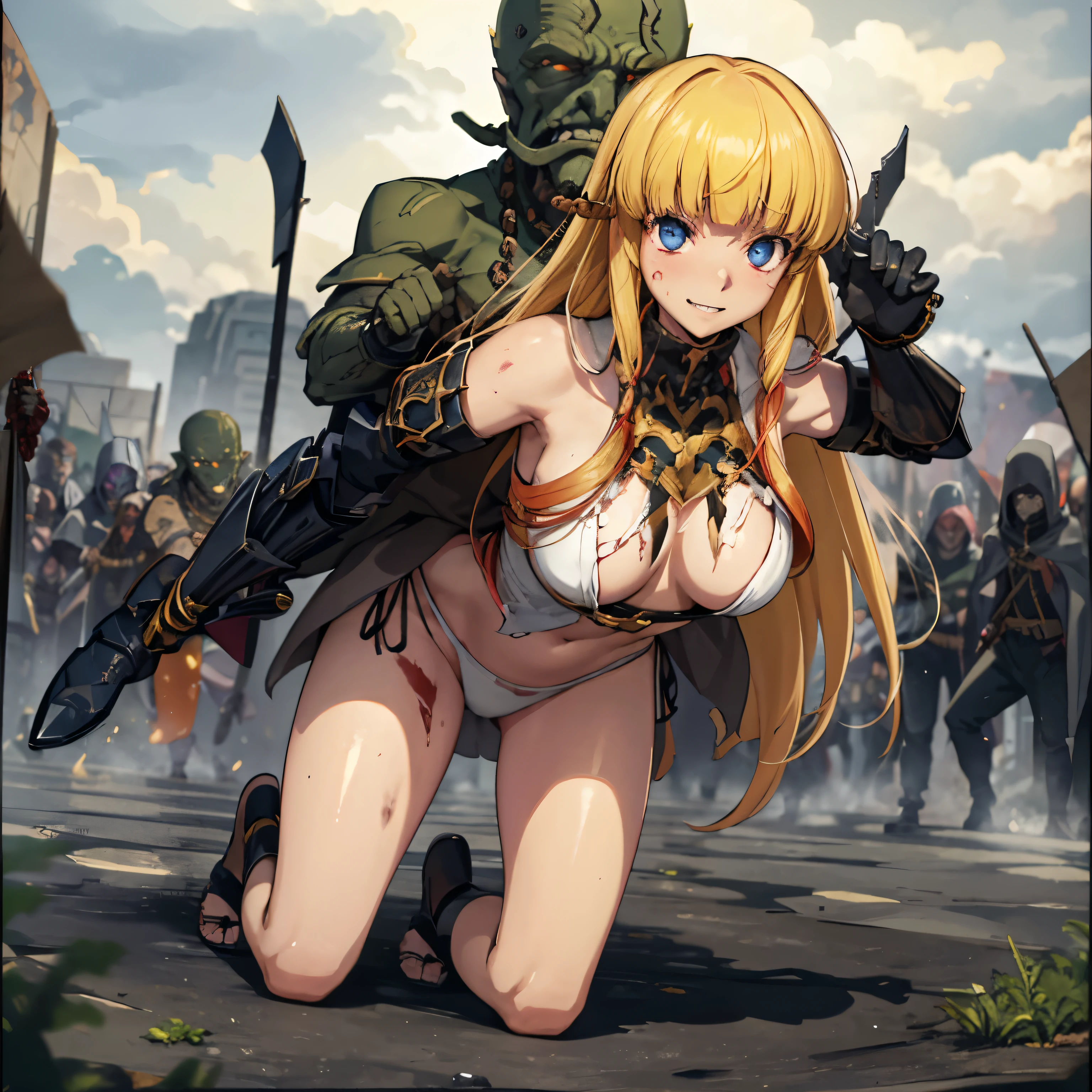 masterpiece, goblinriding, a goblin is riding a girl, goblin, mutiple goblins, goblins, (all fours), 1girl, (military uniform:1.1), (nose hook), reins, collar, chain, rope, obey, happy trance, smile, hair ornaments, medium breast, expressionless, emotionless, blank eyes, empty eyes, mind control, Monica Krushevski, BLONDE hair, blue eyes, long hair, apocalyptic background, multiple girls, multiple boys, battle, crowd, blood splatter, armor, fleeing, grabbing, running, foreshortening, attack, fighting, torn clothes