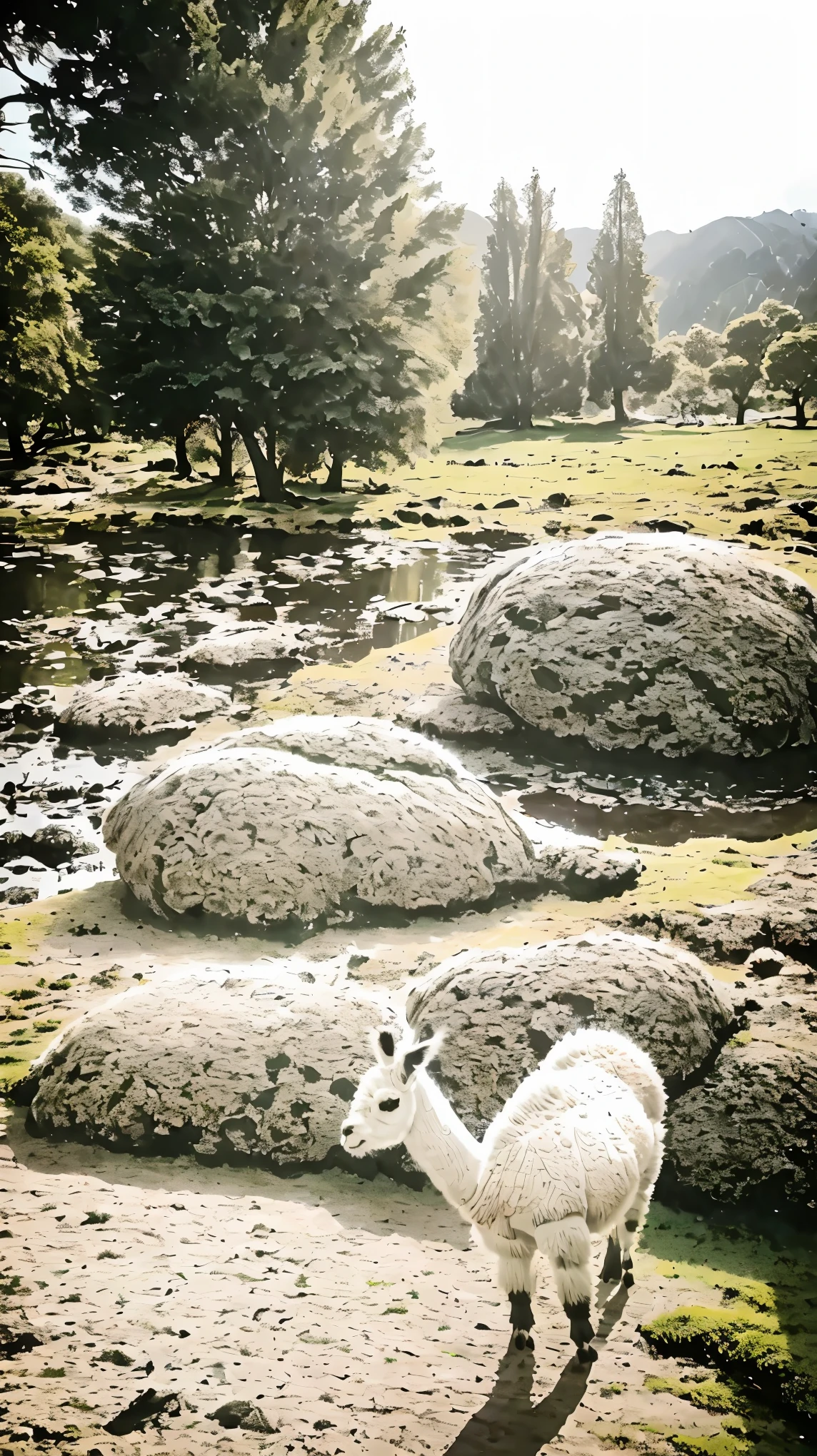 ((alpaca:1.2))、soft and fluffy fur、こちらを見つめるalpaca、Close-up shot:1.4、Ink Painting、(peaceful landscape、Peaceful scene、Illuminated by the sun、Bright and colorful、Beautiful, peaceful and tranquil setting、comfortable、Countryside view、Peaceful nature:1.2
