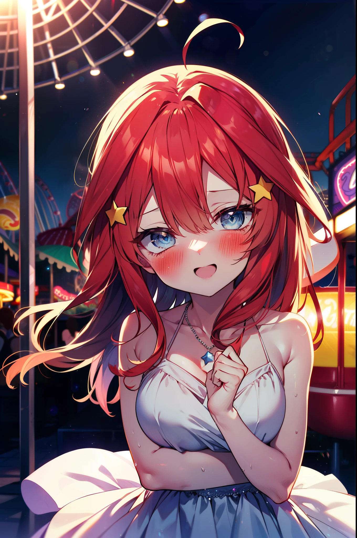 itsukinakano, Itsuki Nakano, bangs, blue eyes, Hair between the eyes, Ahoge, Redhead, star \(symbol\), hair ornaments, star hair ornaments,smile,blush,happy atmosphere,
(Great Laugh:1.1), (Open your mouth:1.1), Sun glare, Bokeh, Written boundary depth, blurred background, Particles of light, Strong winds, White long skirt integrated dress,Exposing shoulders,bare clavicle,Bare neck,Bare arms,Cute Sandals,slouch,Look up,night,moonlight,star,romantic,Heart Necklace,amusement park, roller coaster, carousel, Bumper Car, Ferris wheel, water park,　　　　　　　　 break looking at viewer, Upper Body, whole body,(Cowboy Shot:1. 3) 　　　　　　　　　　　　　　　break outdoors, amusement park　　　　　　　　　　　　break (masterpiece:1.2), highest quality, High resolution, unity 8k wallpaper, (shape:0.8), (Fine and beautiful eyes:1.6), Highly detailed face, Perfect lighting, Highly detailed CG, (Perfect hands, Perfect Anatomy),
