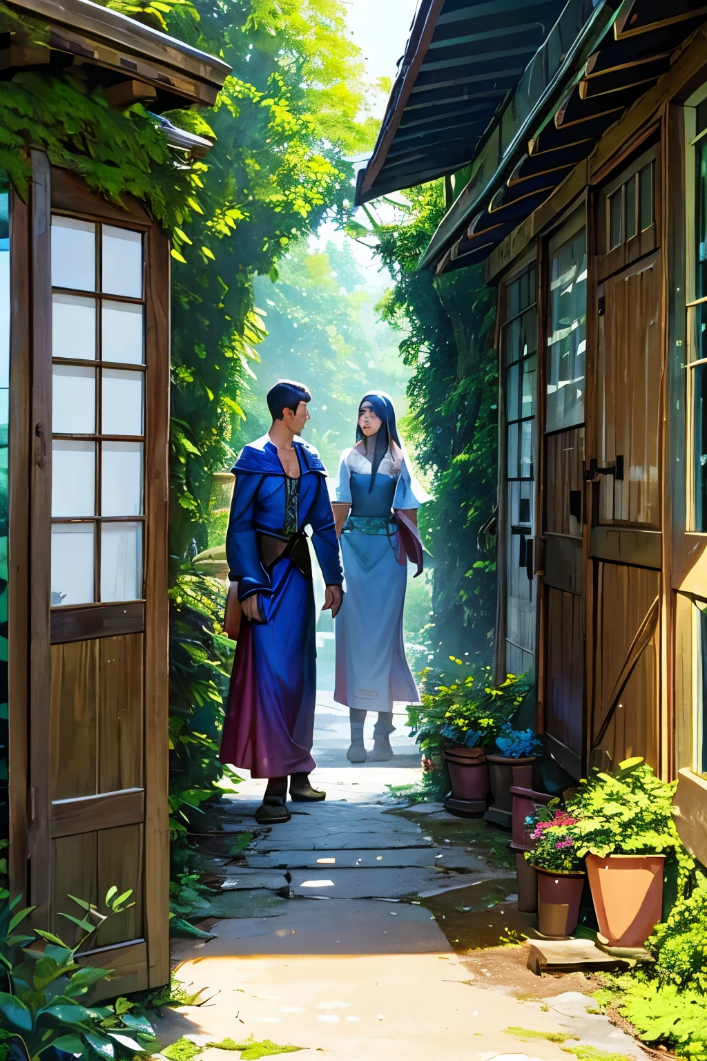 a crowed gather to look at a door an old wooden door slightly overgrown by plants with beautiful blue art painted on it with intricate designs people gather around to marvel at the door
