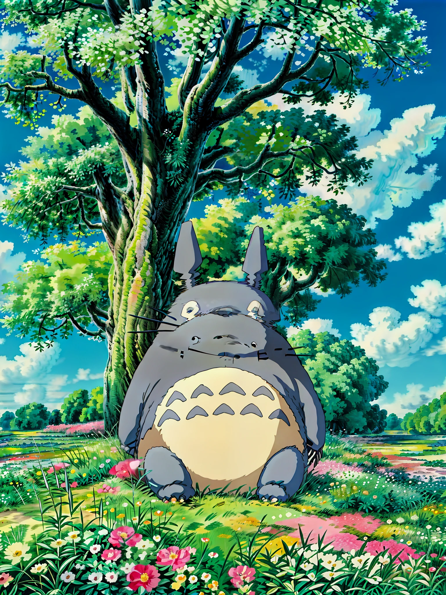 totoro sleeping in the field of flowers under tree, blue cloudy sky, studio ghibli, 4k hd,, beautiful art uhd 4 k, a beautiful artwork illustration, beautiful digital painting, highly detailed digital painting, beautiful digital artwork, detailed painting 4 k, very detailed digital painting, rich picturesque colors, gorgeous digital painting