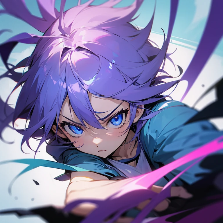 anime girl,purple and blue eyes,angry,light blue messy hair