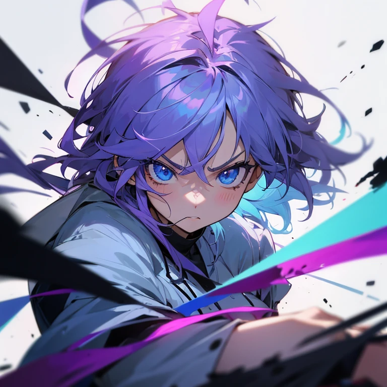 anime girl,purple and blue eyes,angry,light blue messy hair