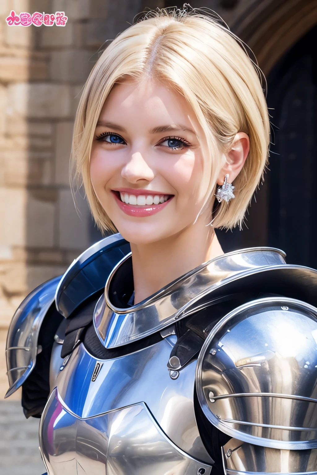 8K、highest quality、female knight、Luxurious Silver Armor、、hairstyle short cut、smile、Beautiful Teeth、Full body photo、ear piercing、blonde、White woman、blue eyes、Heavy makeup、The background is inside the castle
