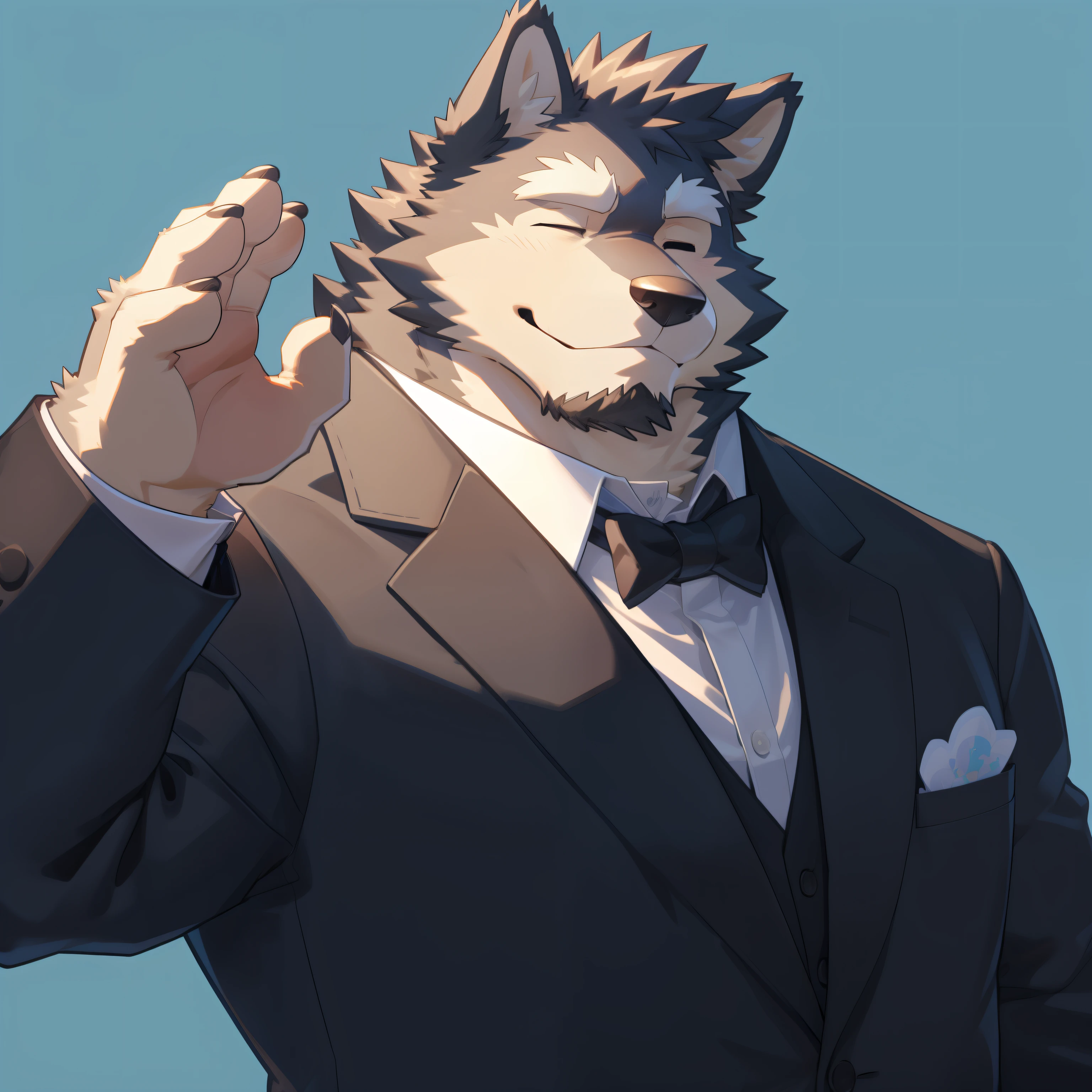 Scribble German Shepherd dog face,Cute face,Humanity(dog),(Suit:1.3),Chubby,(white eyebrows:1.1),(With one eye closed:1.2),(perfect black eyes),Simple background, Blue Background,print style。(Artist:Takemoto Arashi)