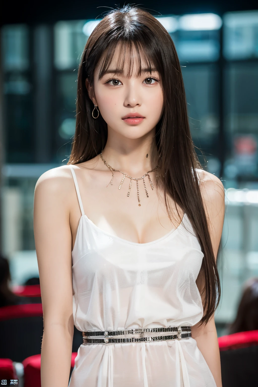 ulzzang-6500-v1.1,  (RAW Photos:1.2), (Photorealistic), Beautiful detailed girl, (See-through:1.3), (Genuine: 1.4), Very detailed目と顔, Beautiful and fine details, elegant long dress、Large file size, High resolution, Very detailed, highest quality, [masterpiece:1.6], Awareness-raising, Very detailed, Hmph, In detail, highest quality, 8k wallpaper, Cinema Lighting, One Girl, , Perfect figure, Cute droopy eyes、Beautiful big eyeastepiece)), highest quality, One Girl, eye shadow, Upper Body, Portraiture, ((full body shot:1.2))、